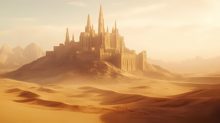 Fototapeta premium Forgotten citadel perched in vast sandy desert landscape. Silence Citadel. Illustration