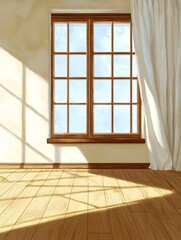 Sunlit room interior with wooden floor, large window, and sheer curtains. Ideal for background, design, or home decor.