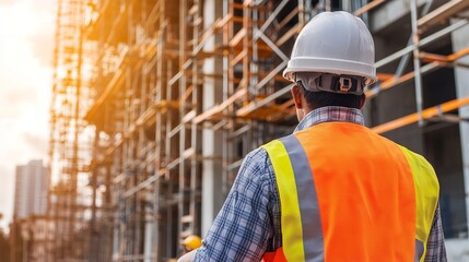 Construction Worker Safety Hardhat Building Site Orange Vest Urban Development Project Inspector Modern Architecture Highrise Building Development    