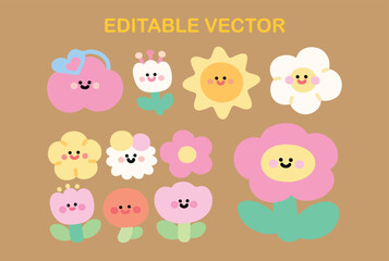 Obraz premium Cheerful Bloom Bunch: A Colorful Vector Collection of Happy Flower Characters.