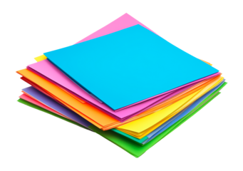 Colorful stack of vibrant sheets of paper isolated on transparent background