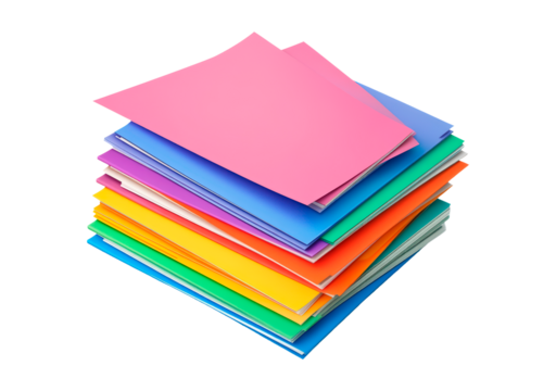Colorful stack of vibrant sheets of paper isolated on transparent background