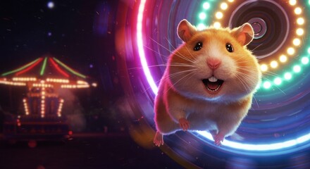 Joyful Rodent Soaring Through Colorful Rings at Night