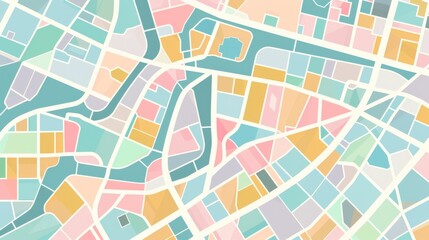 Flat design city map with geometric roads pastel blocks minimalist transit clean labels noise.