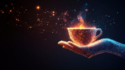 Digital brew: A cup of coffee held in a futuristic hand, adorned with cosmic particles