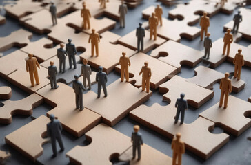 Miniature figures stand on interconnected puzzle pieces, symbolizing teamwork, collaboration, and connection within a complex system.  This image represents unity, problem-solving, and the importance 