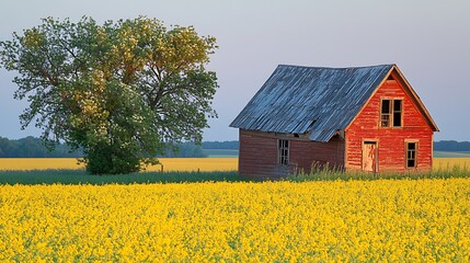 Serene Prairie Sunset: A Rustic Red Barn Amidst Golden Canola Fields