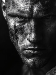 Obraz premium Intense Male Portrait: Gritty Black and White Close-Up Capturing Strong Expression and Masculine Features