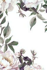 Delicate watercolor floral frame with white peonies and sage green leaves on white background, seamless botanical border for wedding stationery and design.