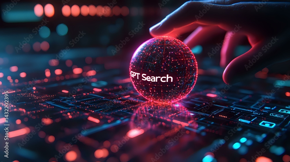 Poster glowing red sphere with iot search text floating over digital circuit board with hand reaching, futu