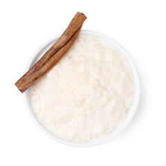 Tasty rice pudding with cinnamon isolated on white, top view