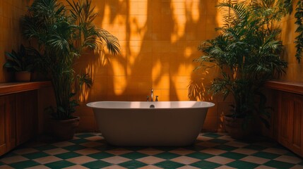 Sunlit Freestanding Tub in Tropical Indoor Bathroom