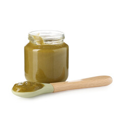 Baby food. Tasty puree in glass jar and spoon isolated on white