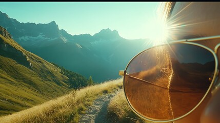 Golden sunlight filters through aviator sunglasses, highlighting a mountain vista.
