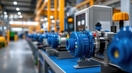 Fototapeta premium Industrial Machinery with Blue Pumps in a Modern Manufacturing Facility