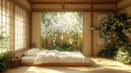 Fototapeta premium Sunlit Japanese bedroom with garden view