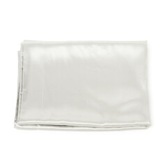 Clean silky bed linens on white background, top view