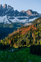 Stunning landscape of mountain peaks and forest valleys at sunrise near Valley of Funes at Dolomites, Italy.