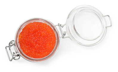 Delicious red caviar in jar isolated on white, top view