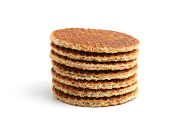 Stack of tasty round waffles isolated on white