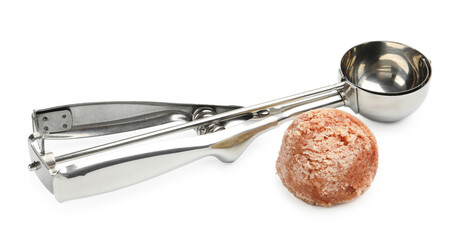 One ball of tasty ice cream and metal scoop isolated on white