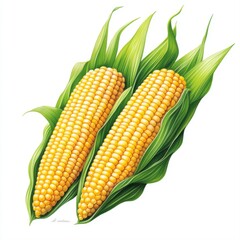 Fresh Corn Ears with Green Leaves on White Background Art Illustration