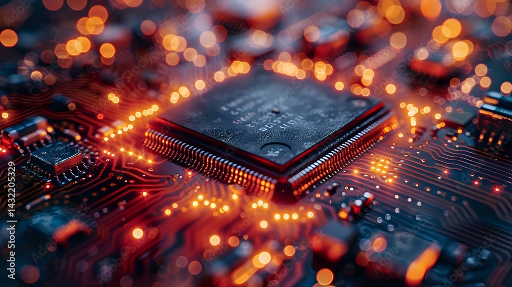Poster glowing microchip on circuit board with orange bokeh lights and electronic paths, macro photography 