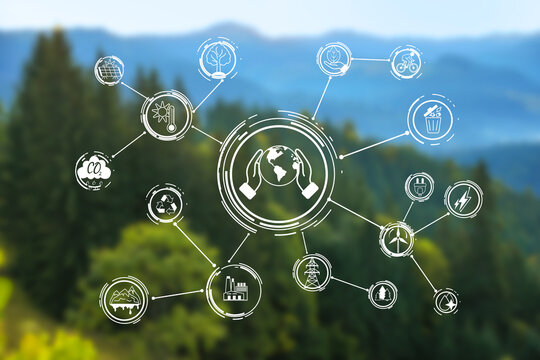 Environment concept. Scheme with different eco themed icons against mountain landscape - Powered by Adobe
