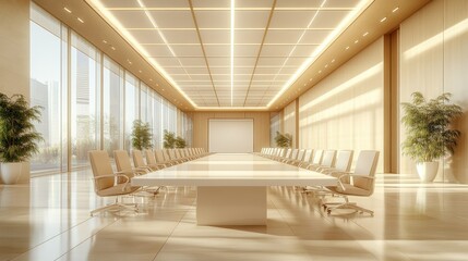 Fototapeta premium Sunlit Modern Boardroom, City View