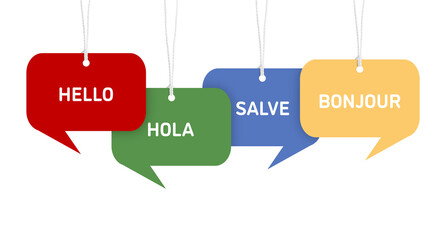 Paper speech bubbles with greetings in different languages hanging on white background. Banner...