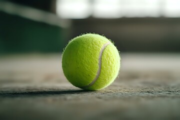 Bright yellow-green tennis ball on concrete surface with soft bokeh background, dramatic low angle perspective highlighting texture and shadows in sports equipment.