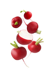 Fresh ripe radishes falling on white background