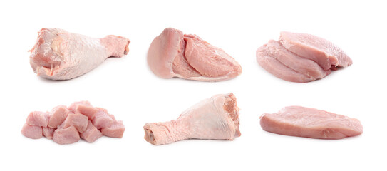 Fresh raw turkey meat isolated on white, set