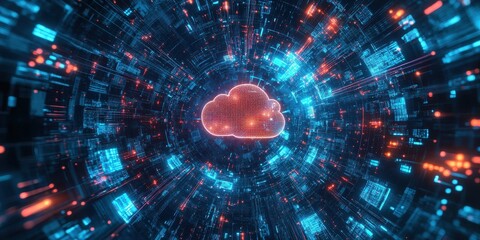 Obraz premium Digital cloud network within a complex technological tunnel.