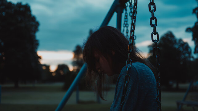 Sad Girl Crying Alone on Swing at Dusk in Empty Park Reflecting Emotional Pain and Loneliness - Powered by Adobe