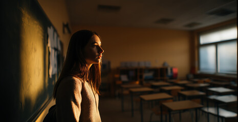 Lonely Student Standing in Empty Classroom at Dusk with Emotional Expression and Warm Light Contrast