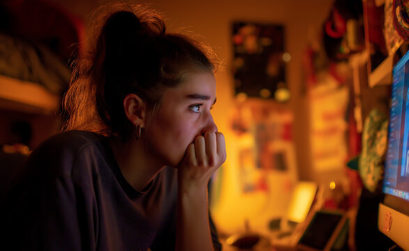 A sad and lonely teenage girl at night staring at a computer screen in a dimly lit room, reflecting cyberbullying and emotional pain