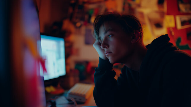 Sad and lonely teenager at night while looking at a computer screen in a dimly lit room, reflecting cyberbullying and emotional pain