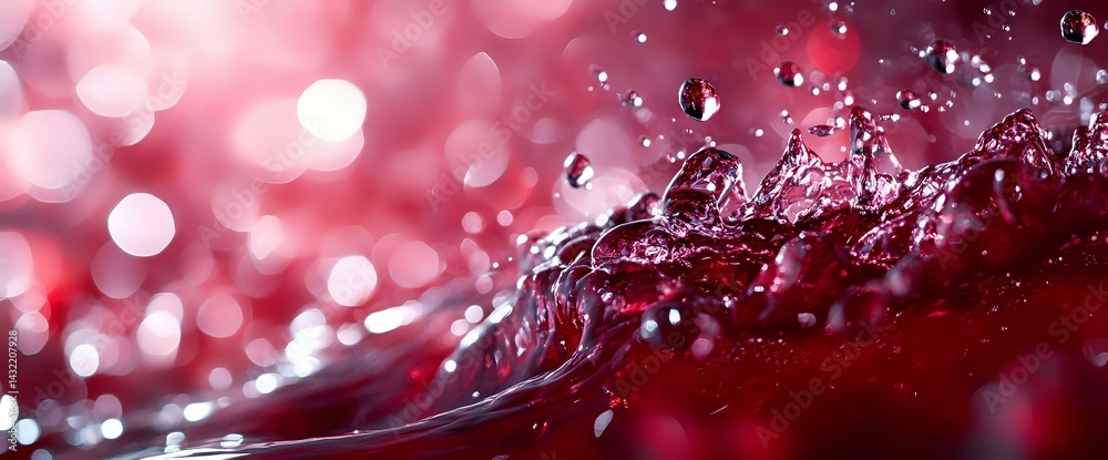 Poster macro photography of water drops and splashes on red background with bokeh light effects creating dr
