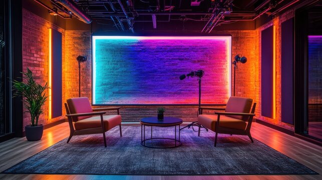 Transition from a basic podcast room into a sophisticated studio featuring colorful LED lights, soundproofing, and high-end recording systems 