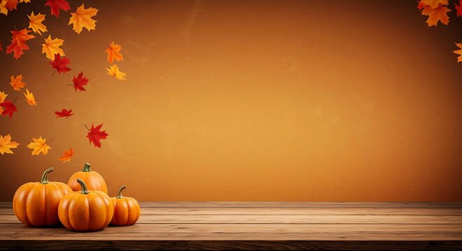 Autumn scene with pumpkins and falling leaves on wooden table against orange background. Perfect for fall, Thanksgiving, or seasonal themes