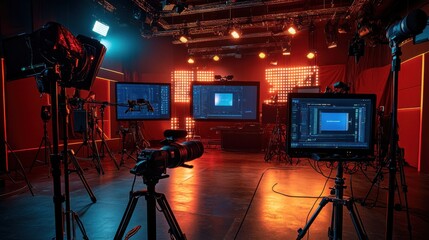 Transition from a basic microphone and table setup into a high-end studio with multiple screens, soundproof walls, and vibrant lighting