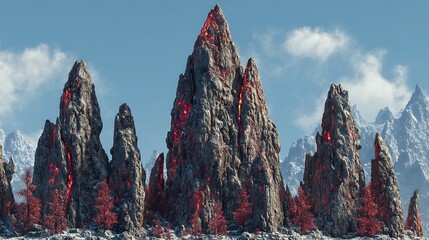 A dramatic landscape featuring jagged mountains with red highlights and snowy surroundings.
