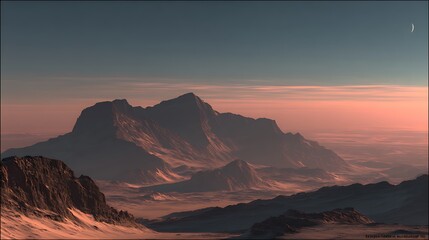 A serene mountain landscape at dusk, showcasing a dramatic sky and distant peaks.