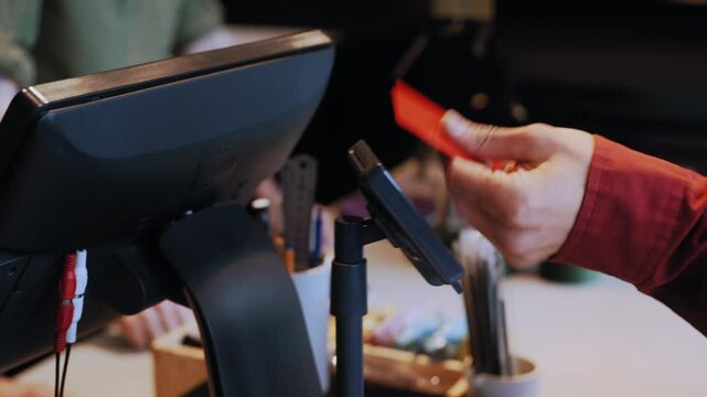 A pan right shot captures as one barista completes a transaction on the cash terminal, the client taps a credit card, and another barista serves the coffee, which the client takes promptly