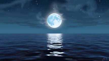Serene ocean under a luminous full moon and starlit sky with peaceful water reflections and moody clouds in a quiet, dreamy night horizon scene


