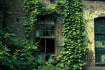 Decaying brick wall overgrown with lush green vines.  Broken window