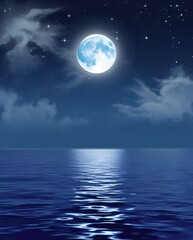 Bright full moon glowing over a calm ocean at night with reflected moonlight on water, surrounded by stars and dramatic clouds in a tranquil nighttime seascape

