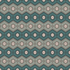 Zigzag seamless pattern. Hexagon mosaic tiles ornament. Ethnic surface print. Repeated geometric figures background. Ornamental wallpaper. Modern geo design digital paper. Vector abstract art