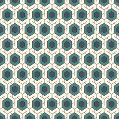Honeycomb seamless pattern. Hexagon mosaic tiles ornament. Ethnic surface print. Repeated geometric figures background. Ornamental wallpaper. Modern geo design digital paper. Vector abstract work.